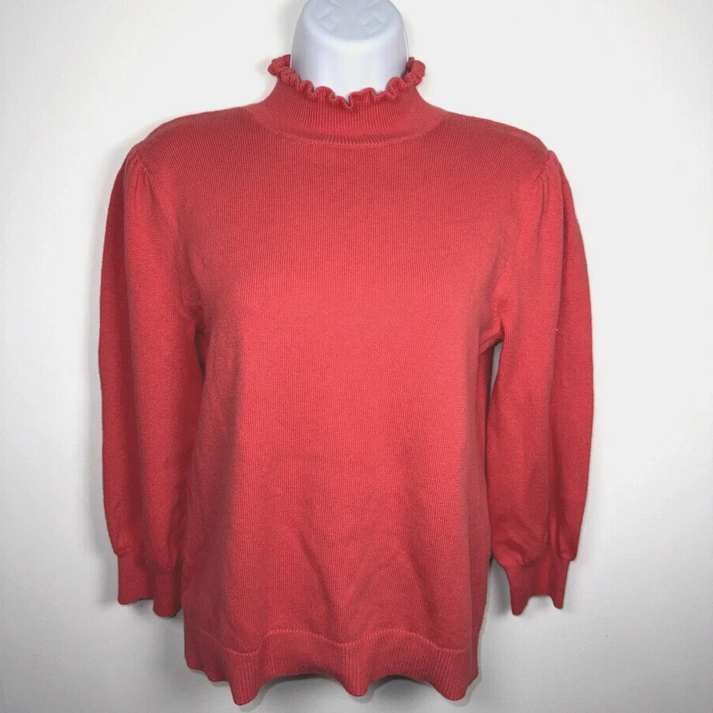 ANN TAYLOR Coral Pink Ruffled Turtleneck Sweater Puff Sleeves Sz S‎ Women Office
